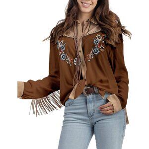 Women's Coffee Embroidered Western Long Sleeve Button Down Collared Retro Shirts